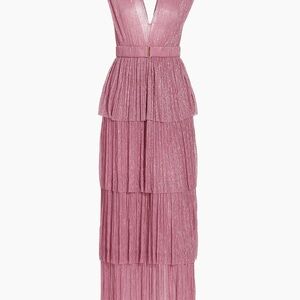 Sabina Musayev Skylar Tiered Belted Metallic Gown Dusty Rose LIKE NEW